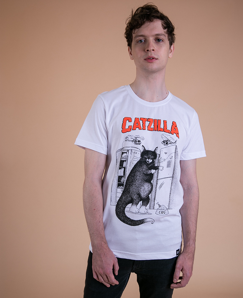Біла унісекс футболка CATZILLA