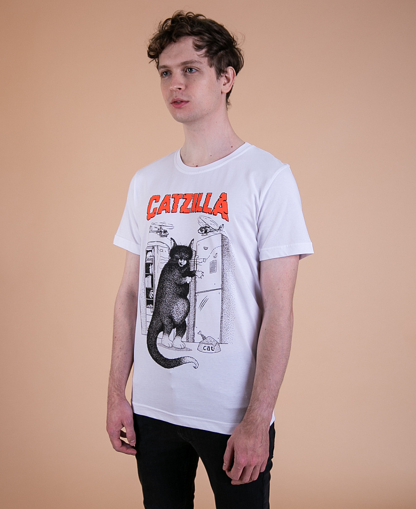 Біла унісекс футболка CATZILLA